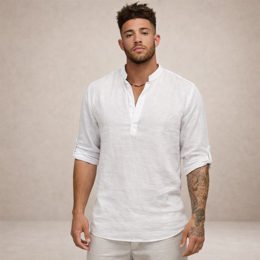 Montarello Men's Linen-Look Stand Collar Shirt Long Sleeve