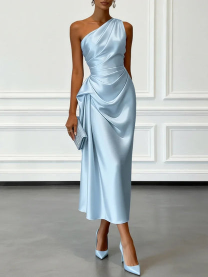 Robe midi à une épaule effet satin froncée pour invitées de mariage pour femmes Montarello