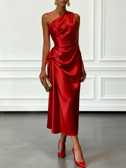 Robe midi à une épaule effet satin froncée pour invitées de mariage pour femmes Montarello