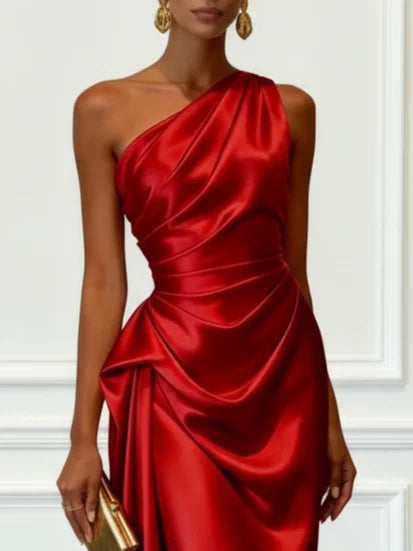 Robe midi à une épaule effet satin froncée pour invitées de mariage pour femmes Montarello
