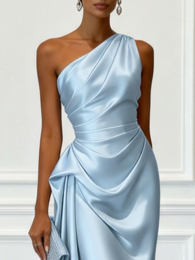 Robe midi à une épaule effet satin froncée pour invitées de mariage pour femmes Montarello