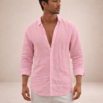 Montarello Men's Linen-Look Open Collar Shirt Long Sleeve