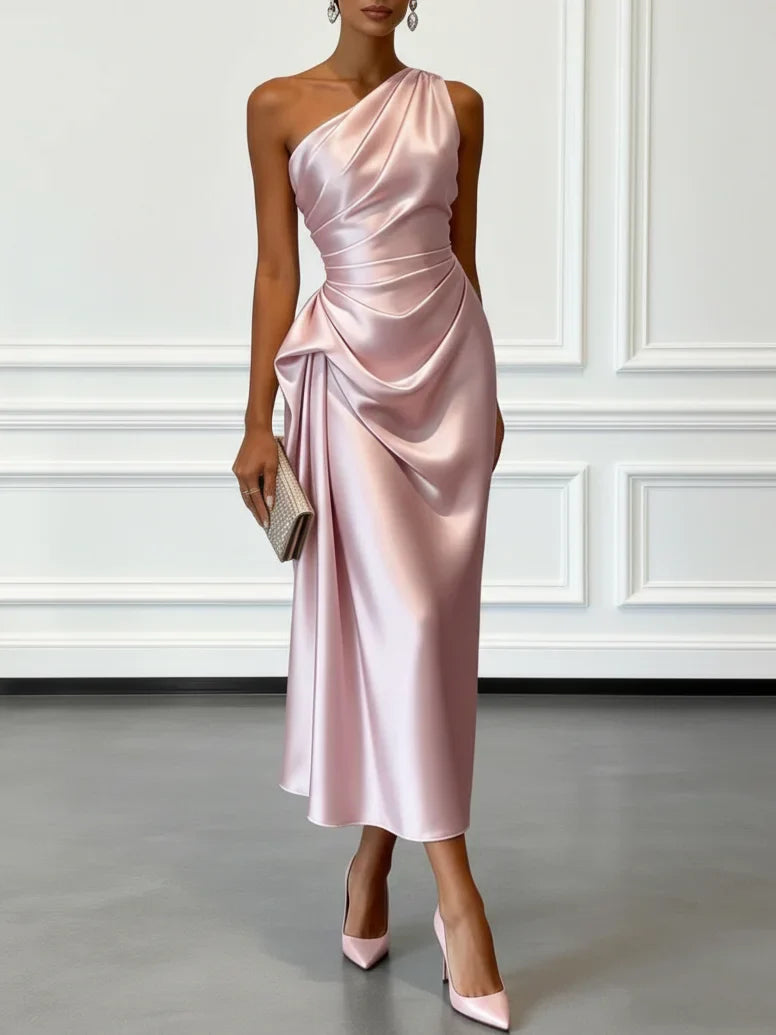 Robe midi à une épaule effet satin froncée pour invitées de mariage pour femmes Montarello
