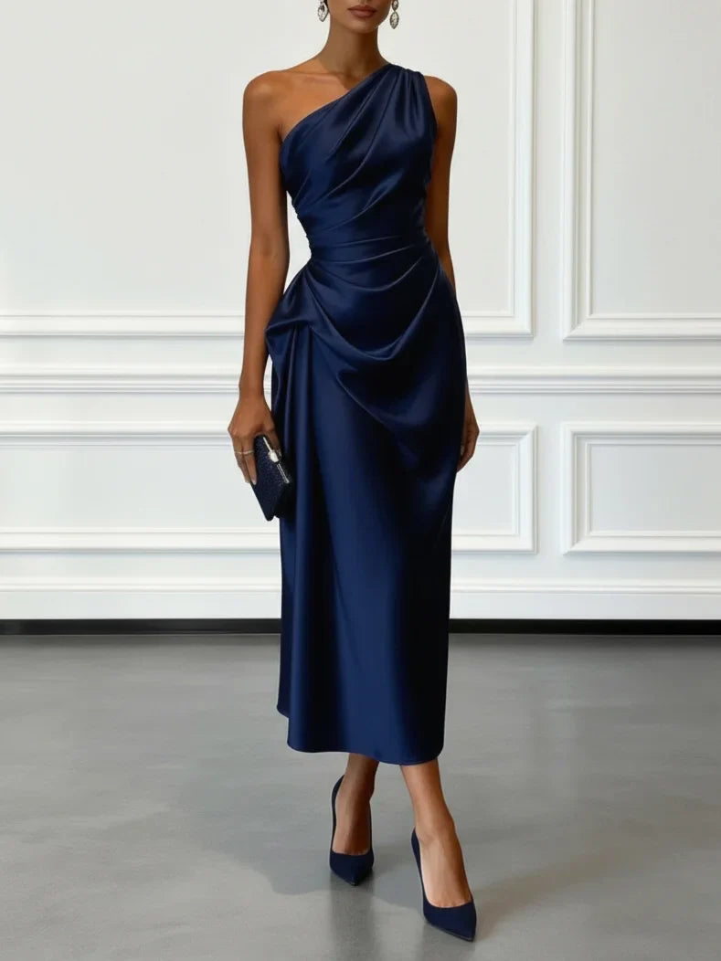 Robe midi à une épaule effet satin froncée pour invitées de mariage pour femmes Montarello