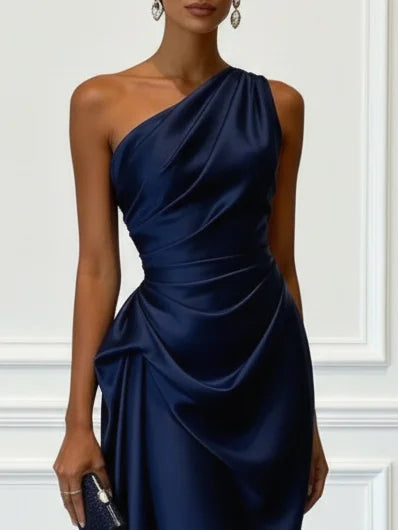 Robe midi à une épaule effet satin froncée pour invitées de mariage pour femmes Montarello