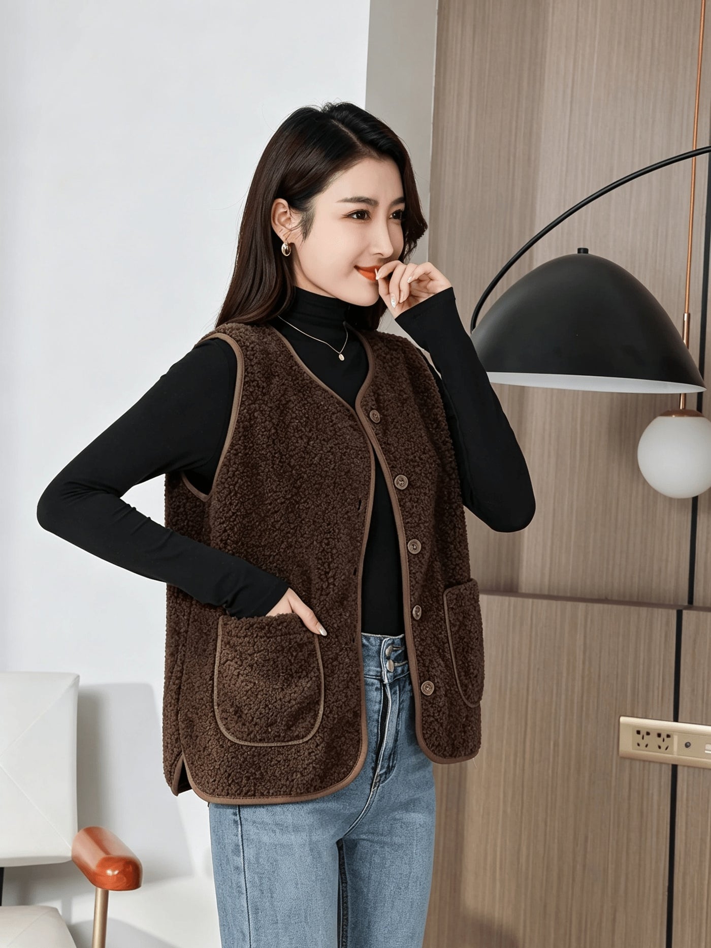 Montarello Women's Gilet Borg Teddy Button Front