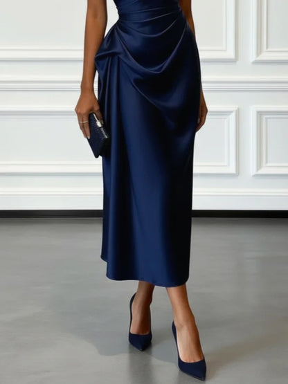 Robe midi à une épaule effet satin froncée pour invitées de mariage pour femmes Montarello