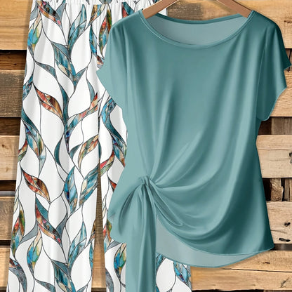 Montarello Leaf Print Women's 2-Piece Top & Trouser Set