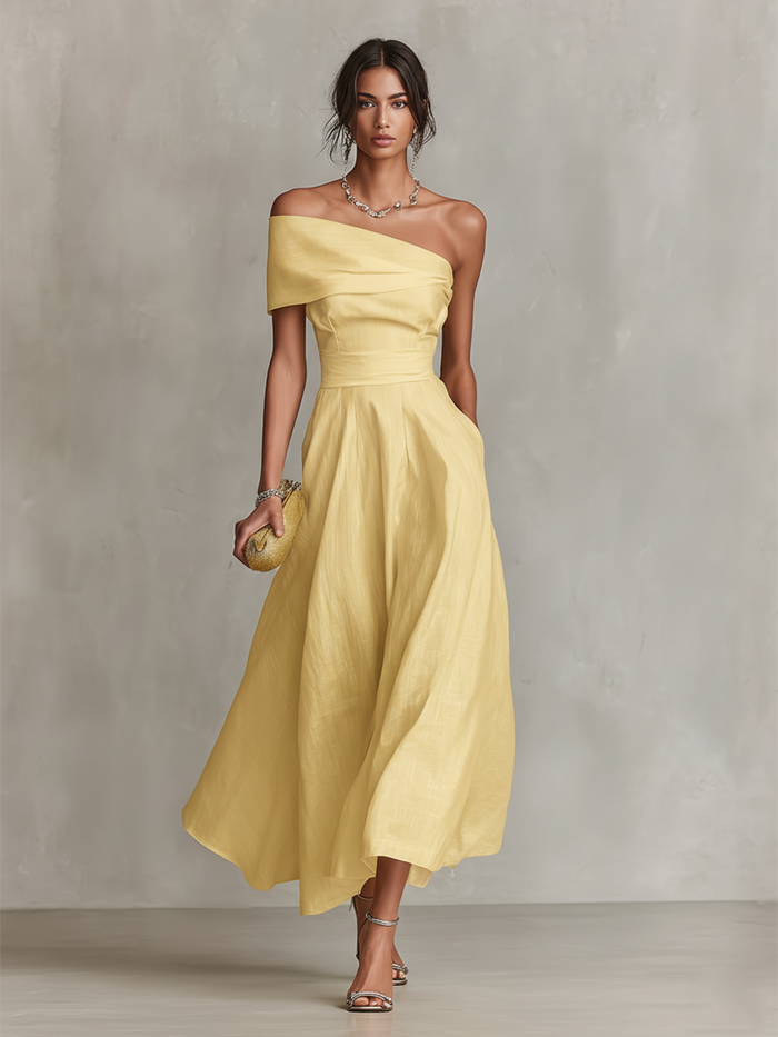 Montarello Women's One-Shoulder Fitted Linen-Look Midi Occasion Dress