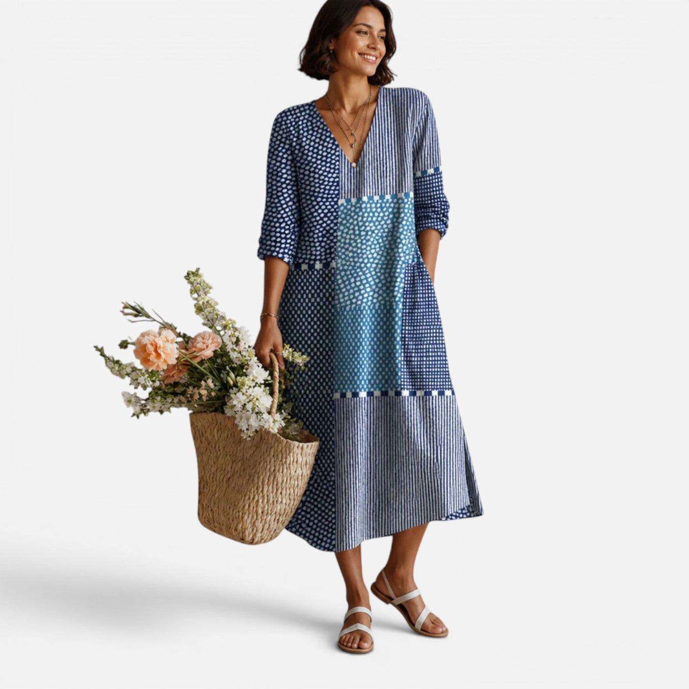Montarello Women's Boho V-Neck Printed Pocket Midi Summer Dress