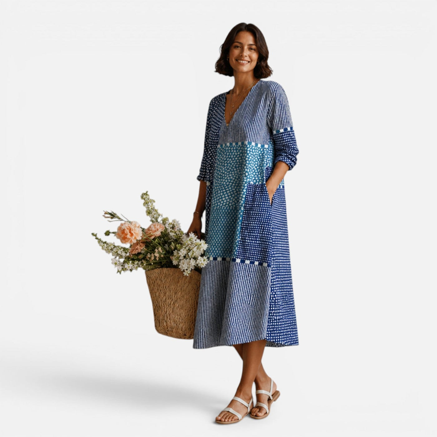 Montarello Women's Boho V-Neck Printed Pocket Midi Summer Dress