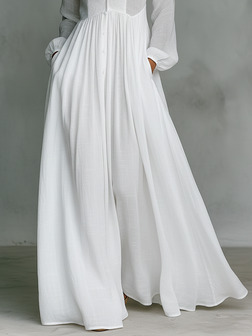 Montarello Women's Cotton Linen-Blend Long-Sleeve Maxi Dress with Stand-Up Collar