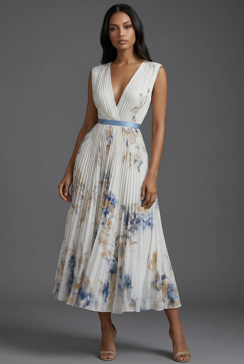 Montarello Women's V-Neck Pleated Floral Midi Wedding Guest Dress