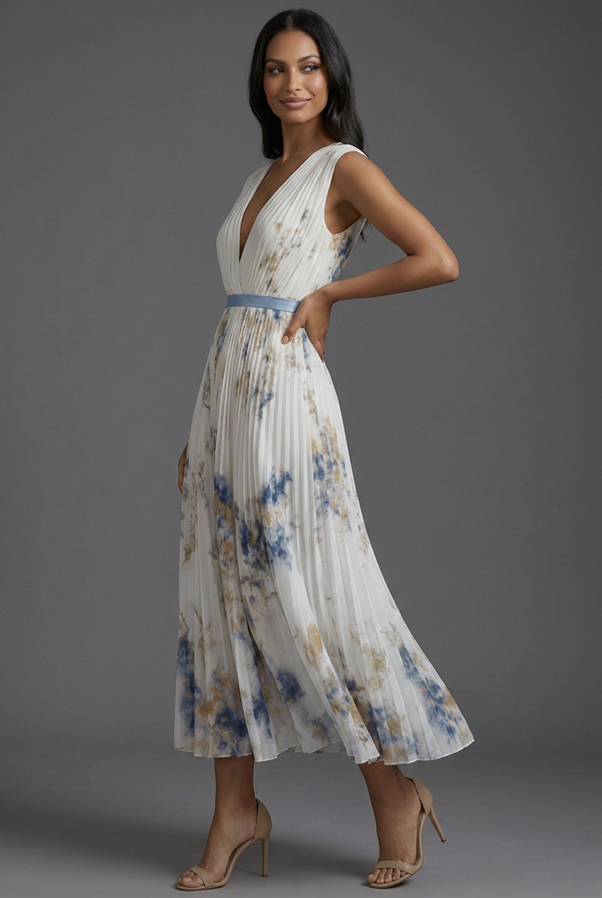 Montarello Women's V-Neck Pleated Floral Midi Wedding Guest Dress