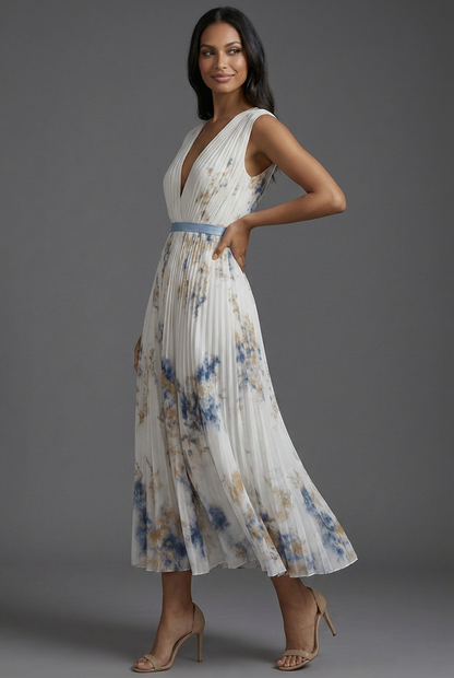 Montarello Women's V-Neck Pleated Floral Midi Wedding Guest Dress