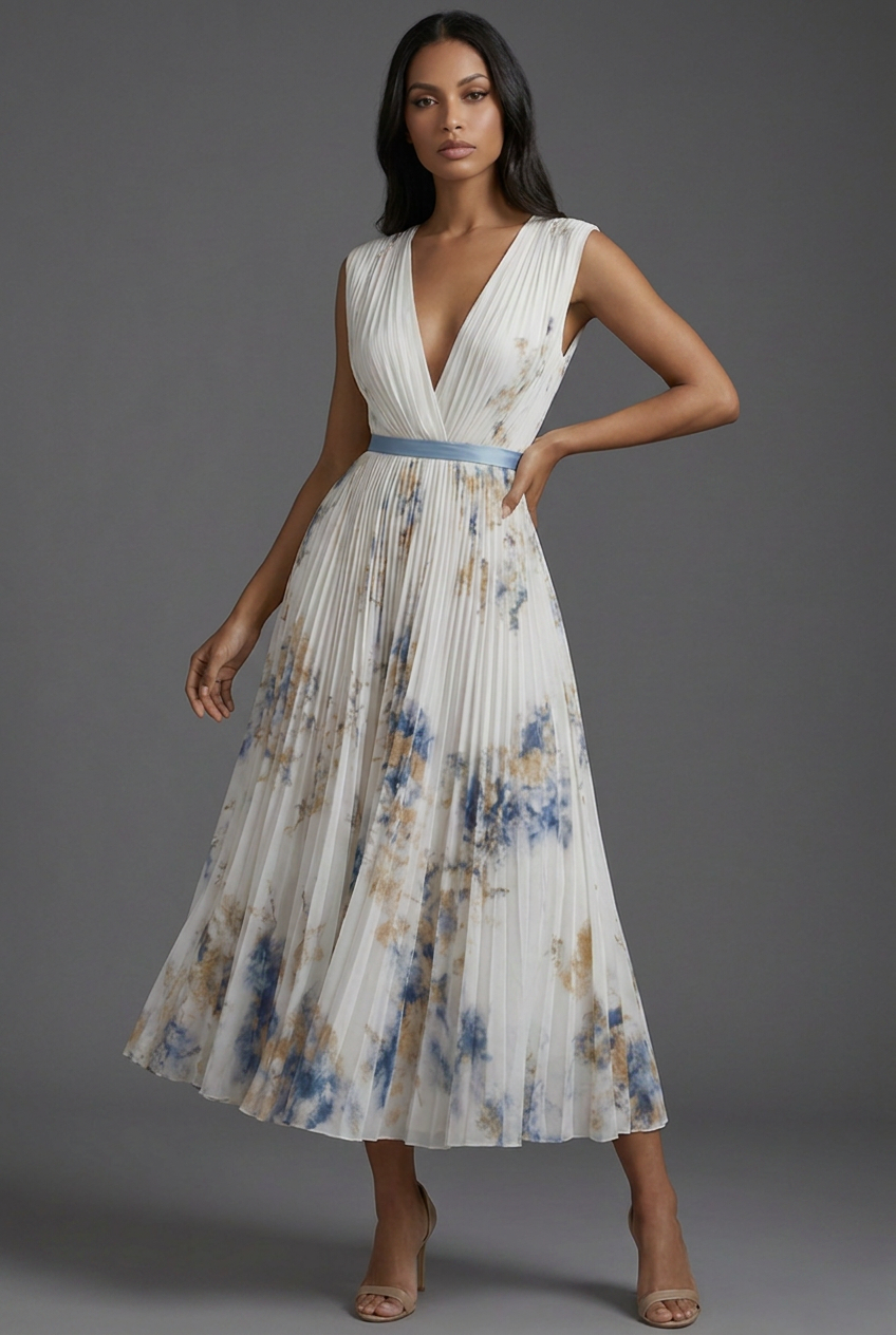 Montarello Women's V-Neck Pleated Floral Midi Wedding Guest Dress
