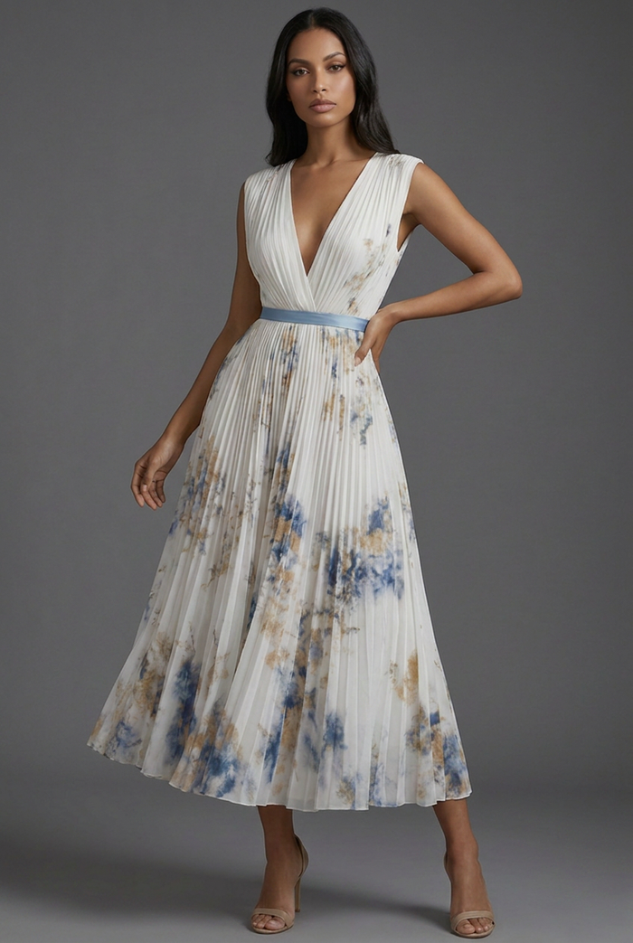 Montarello Women's V-Neck Pleated Floral Midi Wedding Guest Dress