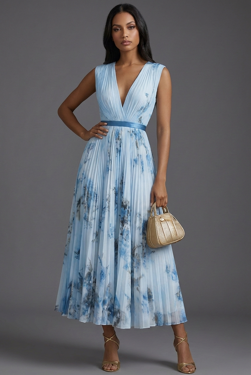 Montarello Women's V-Neck Pleated Floral Midi Wedding Guest Dress