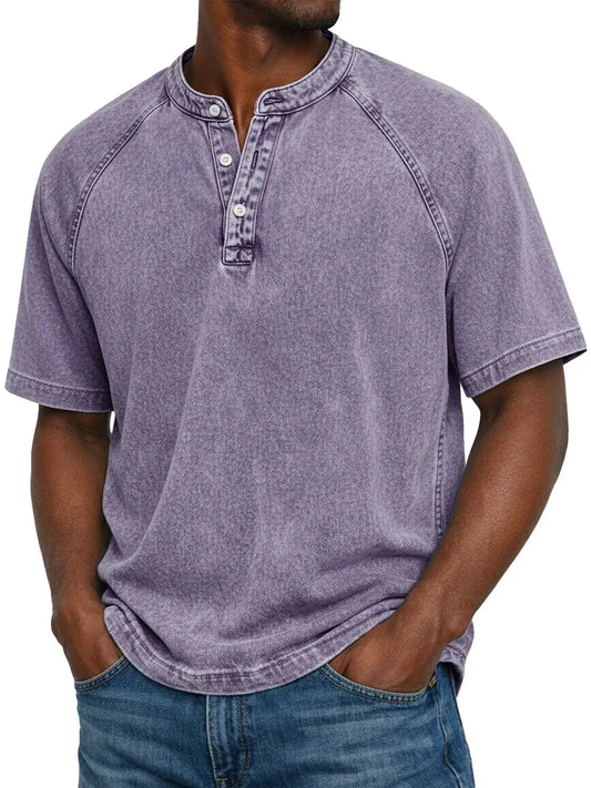 Montarello Men's Washed Henley T-Shirt Raglan Short Sleeve