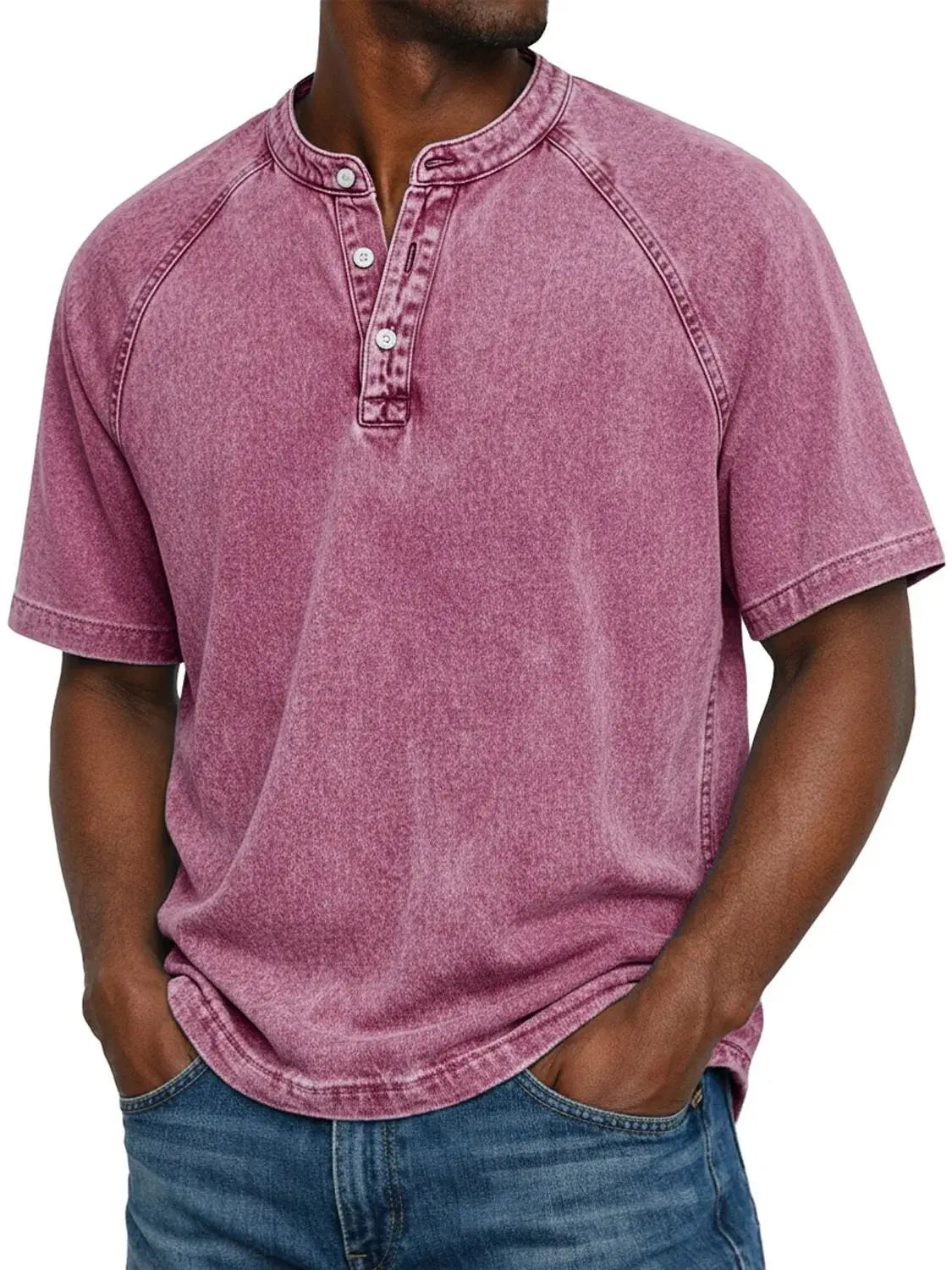 Montarello Men's Washed Henley T-Shirt Raglan Short Sleeve