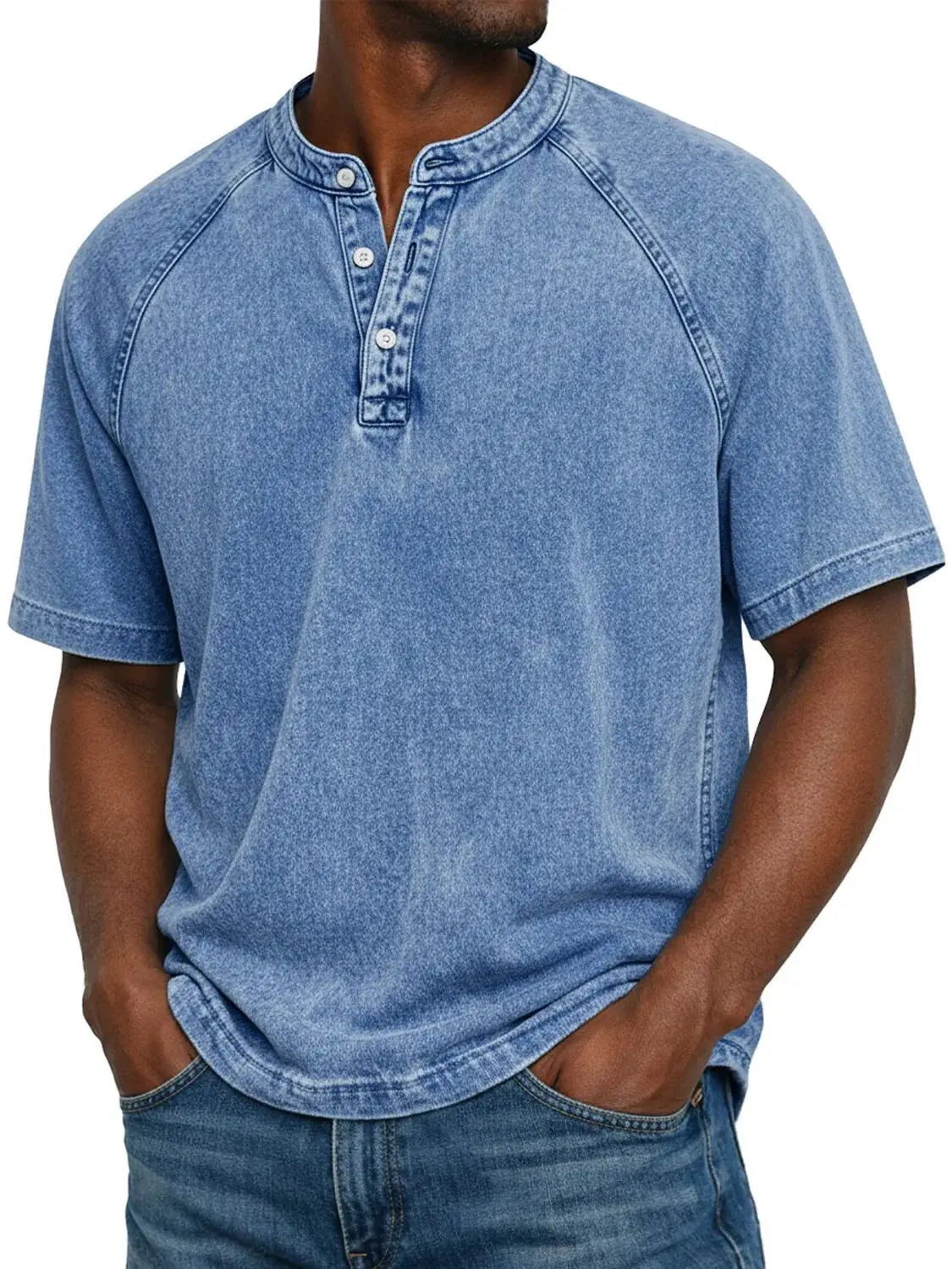 Montarello Men's Washed Henley T-Shirt Raglan Short Sleeve