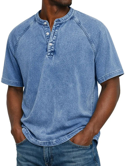 Montarello Men's Washed Henley T-Shirt Raglan Short Sleeve