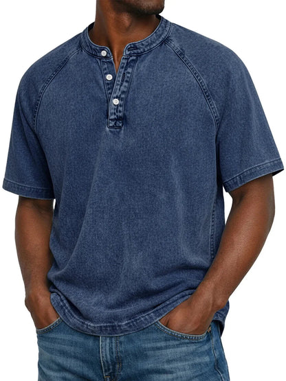 Montarello Men's Washed Henley T-Shirt Raglan Short Sleeve