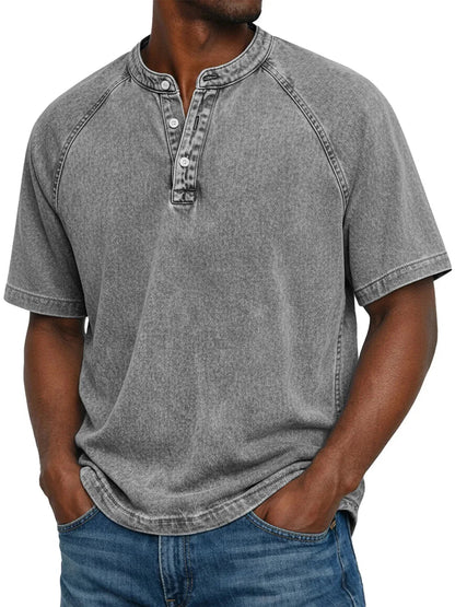 Montarello Men's Washed Henley T-Shirt Raglan Short Sleeve