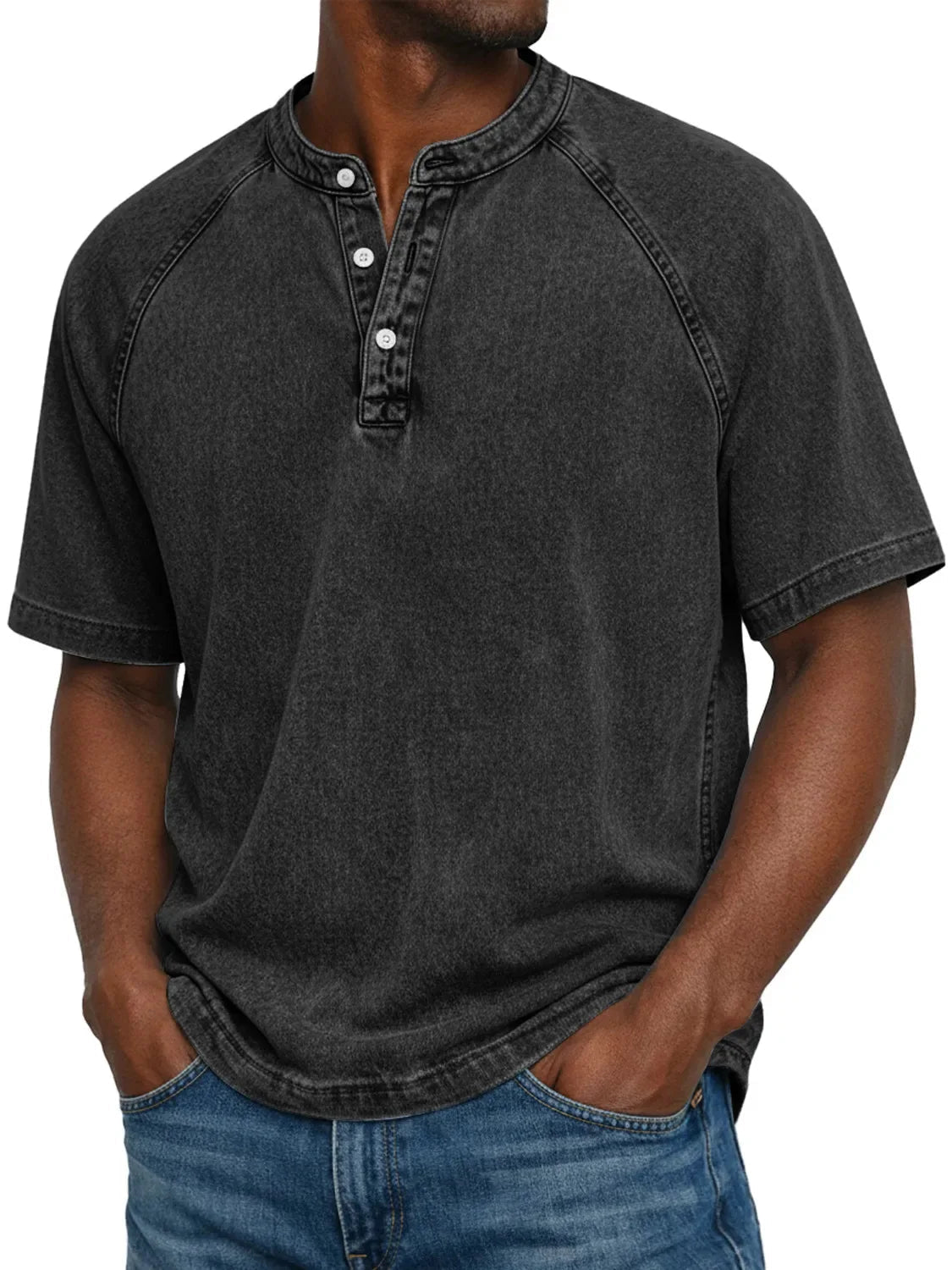 Montarello Men's Washed Henley T-Shirt Raglan Short Sleeve