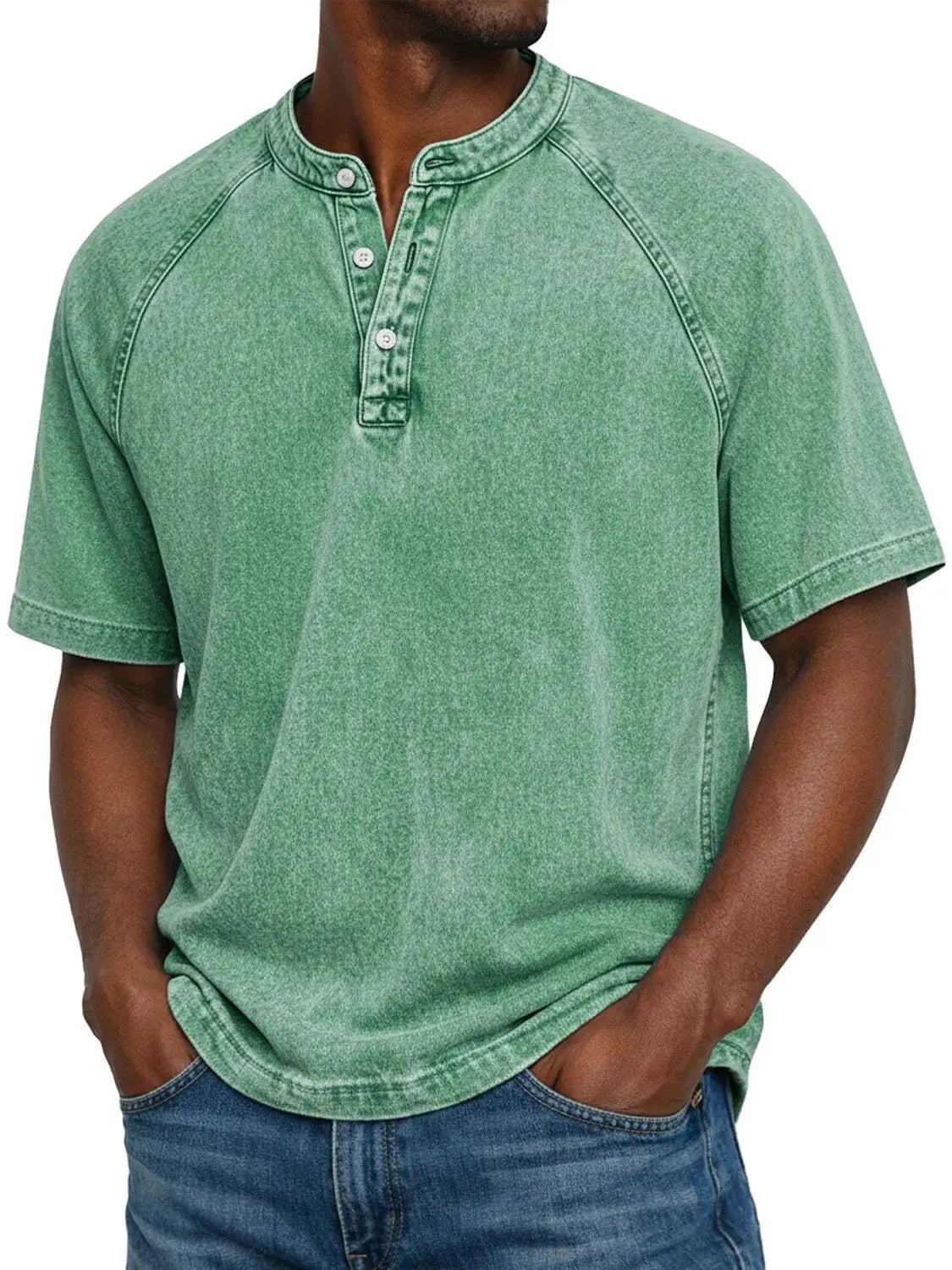 Montarello Men's Washed Henley T-Shirt Raglan Short Sleeve