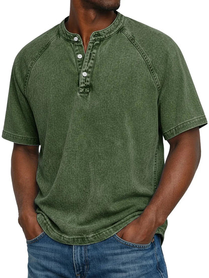 Montarello Men's Washed Henley T-Shirt Raglan Short Sleeve