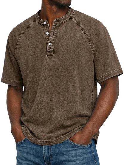 Montarello Men's Washed Henley T-Shirt Raglan Short Sleeve