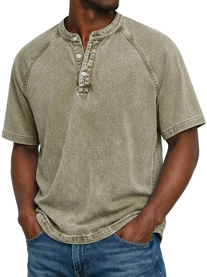 Montarello Men's Washed Henley T-Shirt Raglan Short Sleeve