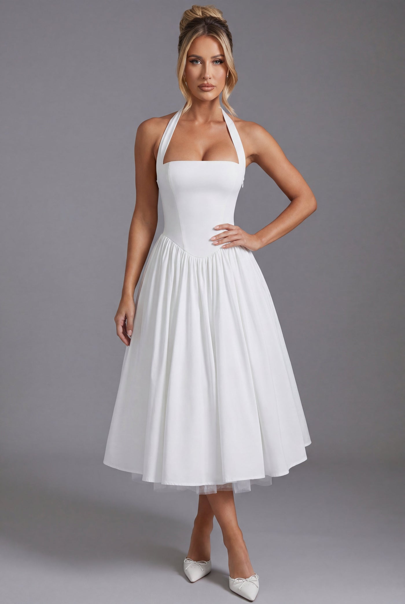 Montarello Women's Halter Neck A-Line Midi Wedding Guest Dress