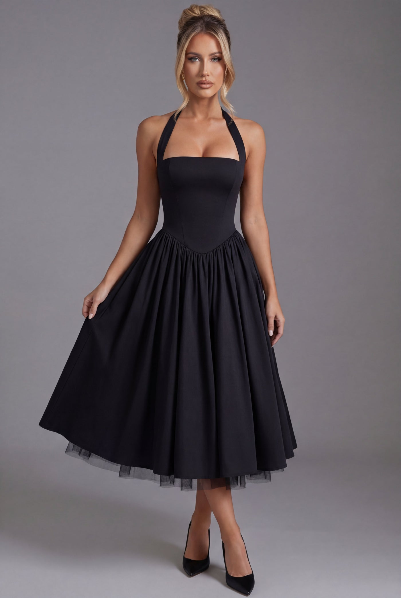 Montarello Women's Halter Neck A-Line Midi Wedding Guest Dress