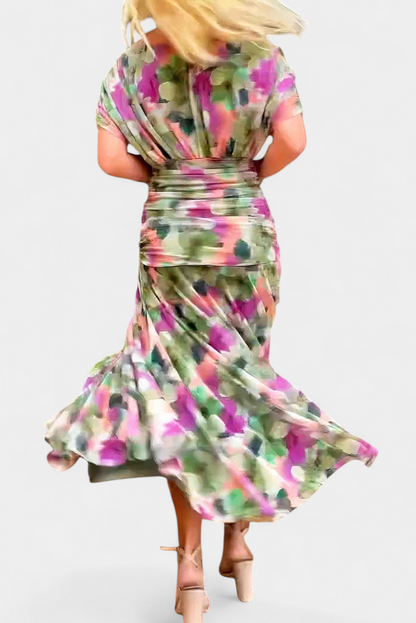 Montarello Ruched V-Neck Women's Maxi Dress with Flowing Sleeves