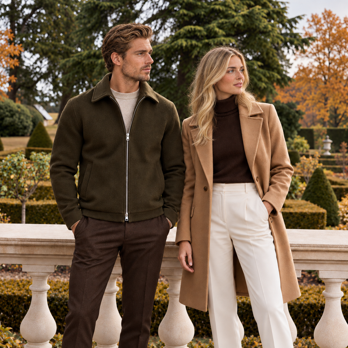 A man and woman wearing autumn layers in a garden