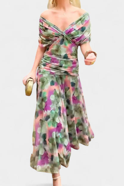 Montarello Ruched V-Neck Women's Maxi Dress with Flowing Sleeves