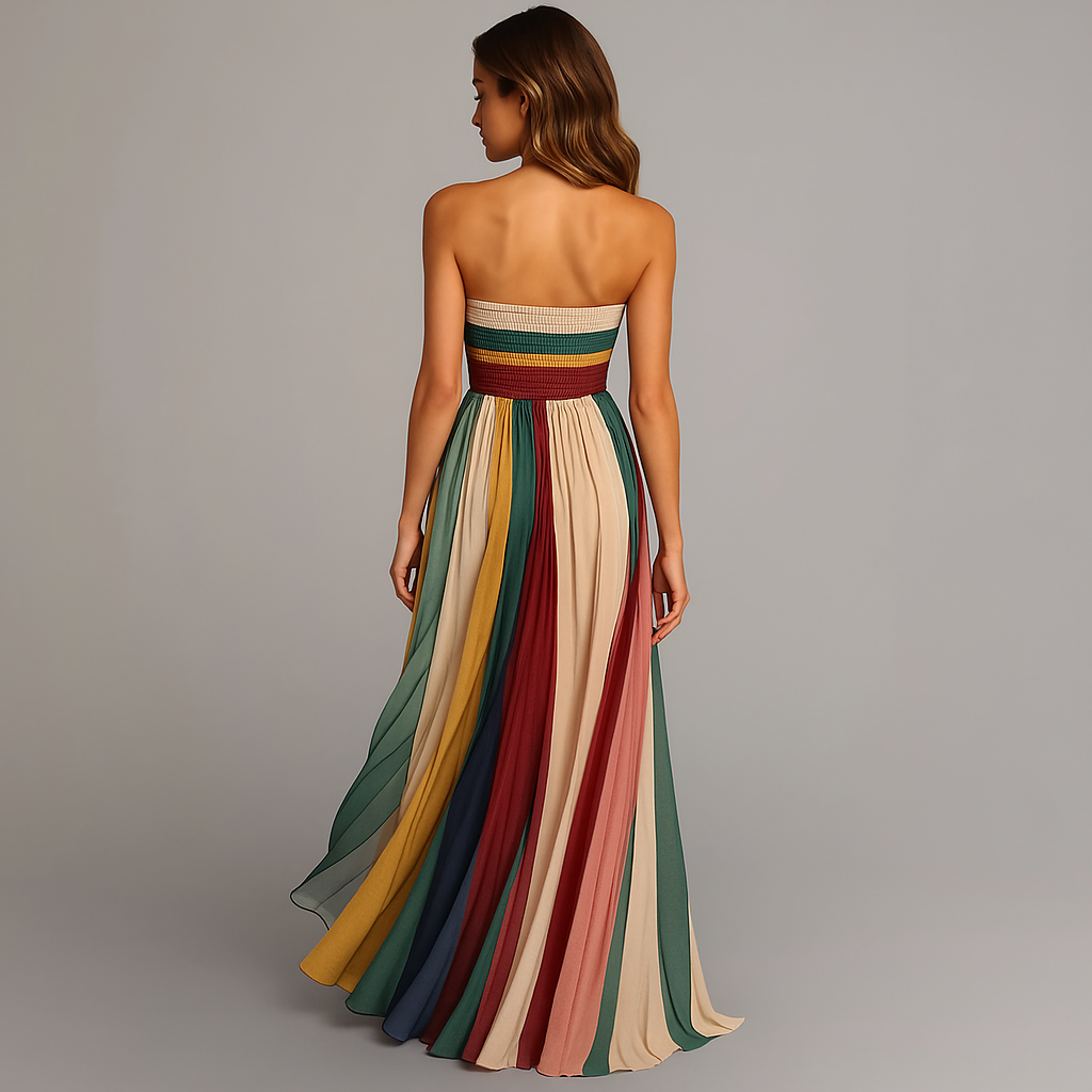 Montarello Women's Strapless Pleated Bold Stripe Maxi Dress