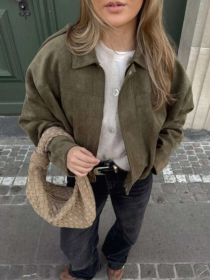 Montarello Women's Faux Suede Bomber Jacket with Collar