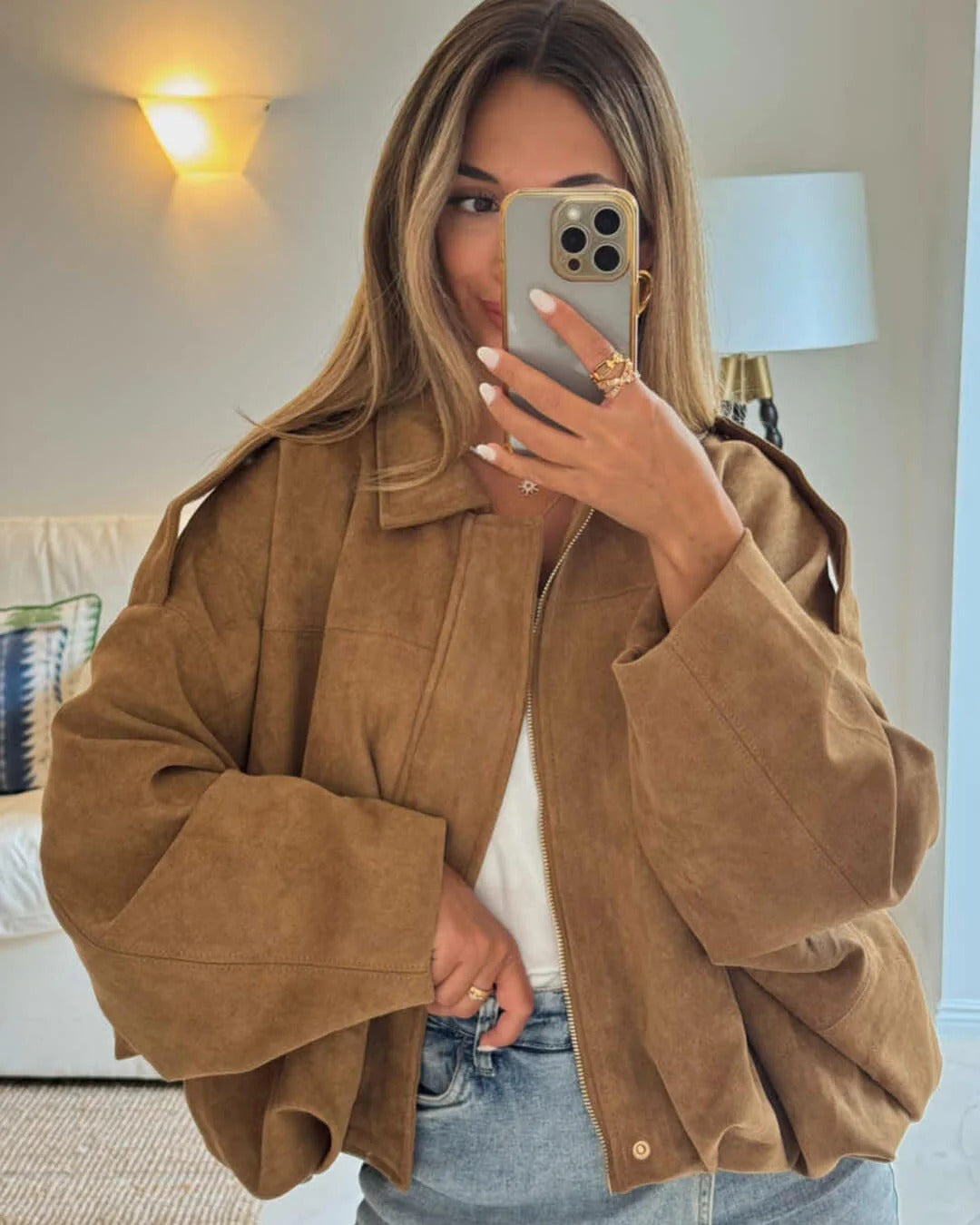 Montarello Women's Faux Suede Bomber Jacket with Collar