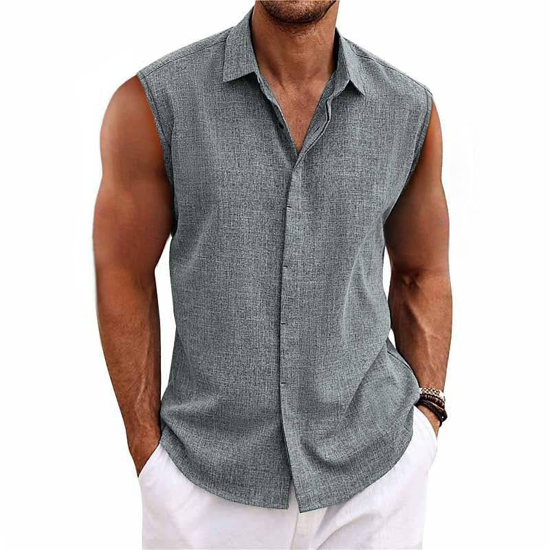 Montarello Men's Linen-Look Sleeveless Shirt Button-Down