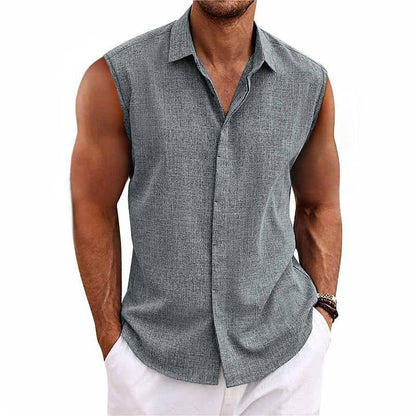 Montarello Men's Linen-Look Sleeveless Shirt Button-Down
