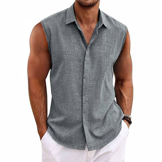 Montarello Men's Linen-Look Sleeveless Shirt Button-Down