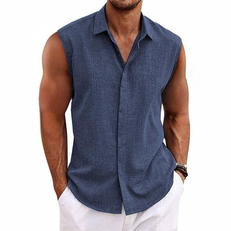 Montarello Men's Linen-Look Sleeveless Shirt Button-Down