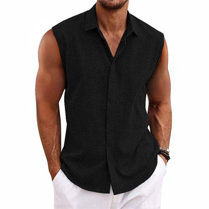 Montarello Men's Linen-Look Sleeveless Shirt Button-Down