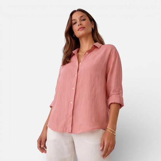 Montarello Women's Relaxed Fit Button-Up Linen-Look Summer Shirt