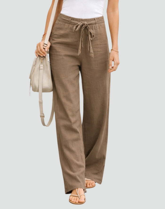 Montarello Women's High-Waist Drawstring Linen-Look Wide-Leg Trousers