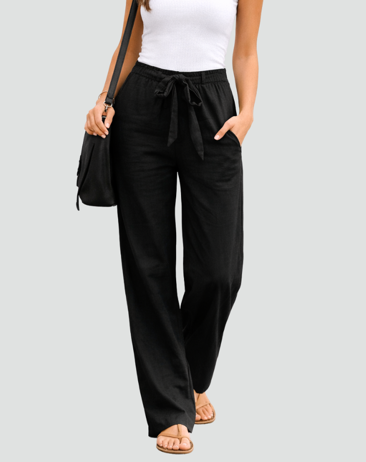 Montarello Women's High-Waist Drawstring Linen-Look Wide-Leg Trousers