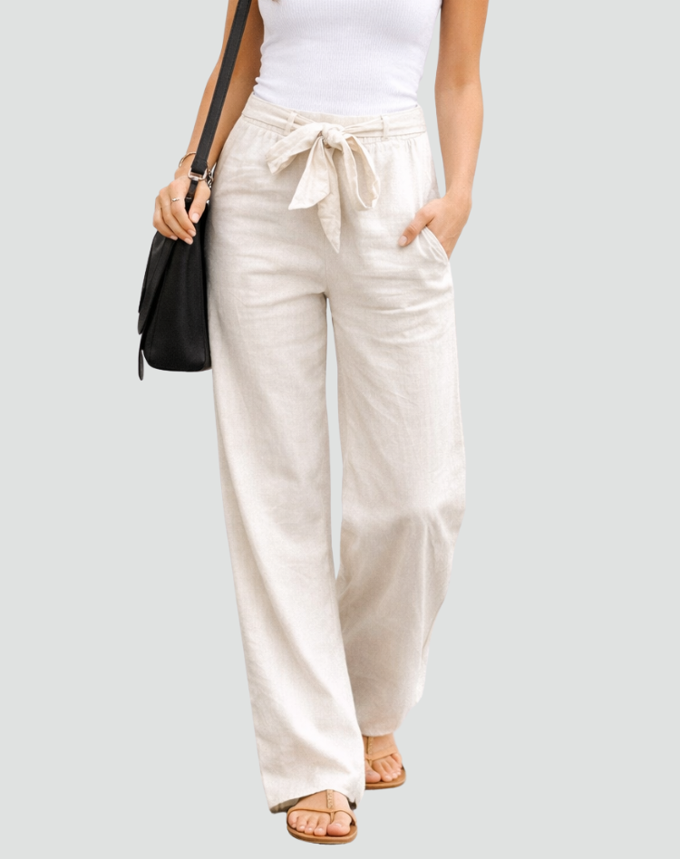 Montarello Women's High-Waist Drawstring Linen-Look Wide-Leg Trousers